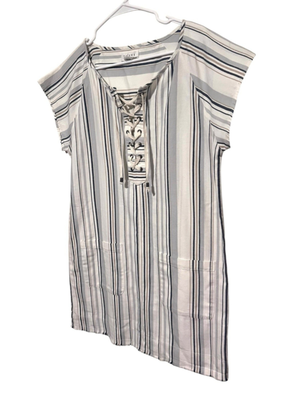 Velvet by Graham & Spencer Striped Dress Small Blue White Cotton Lace Up Front